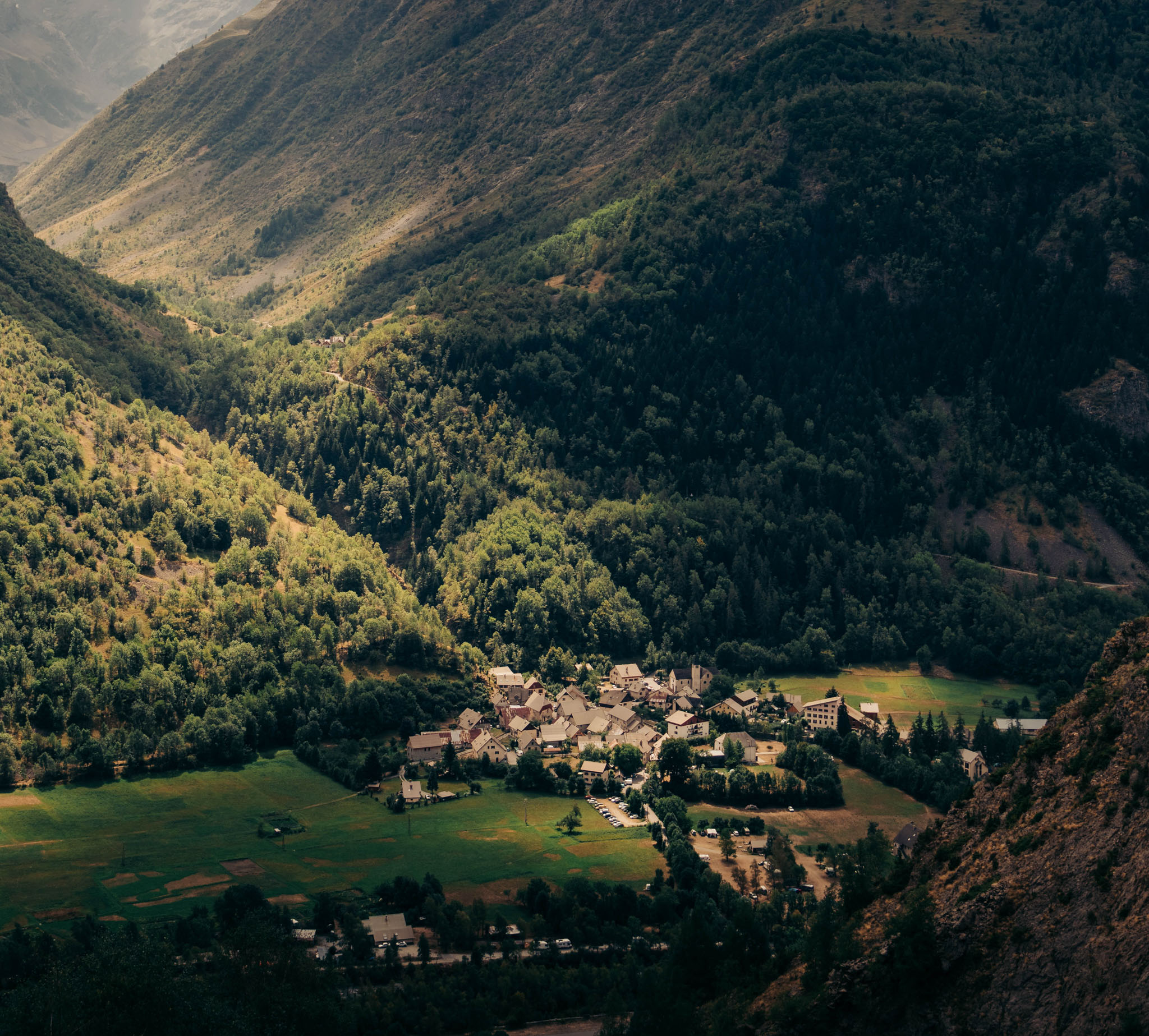 Aerial shot of Argentiere village in the Chamonix Valley